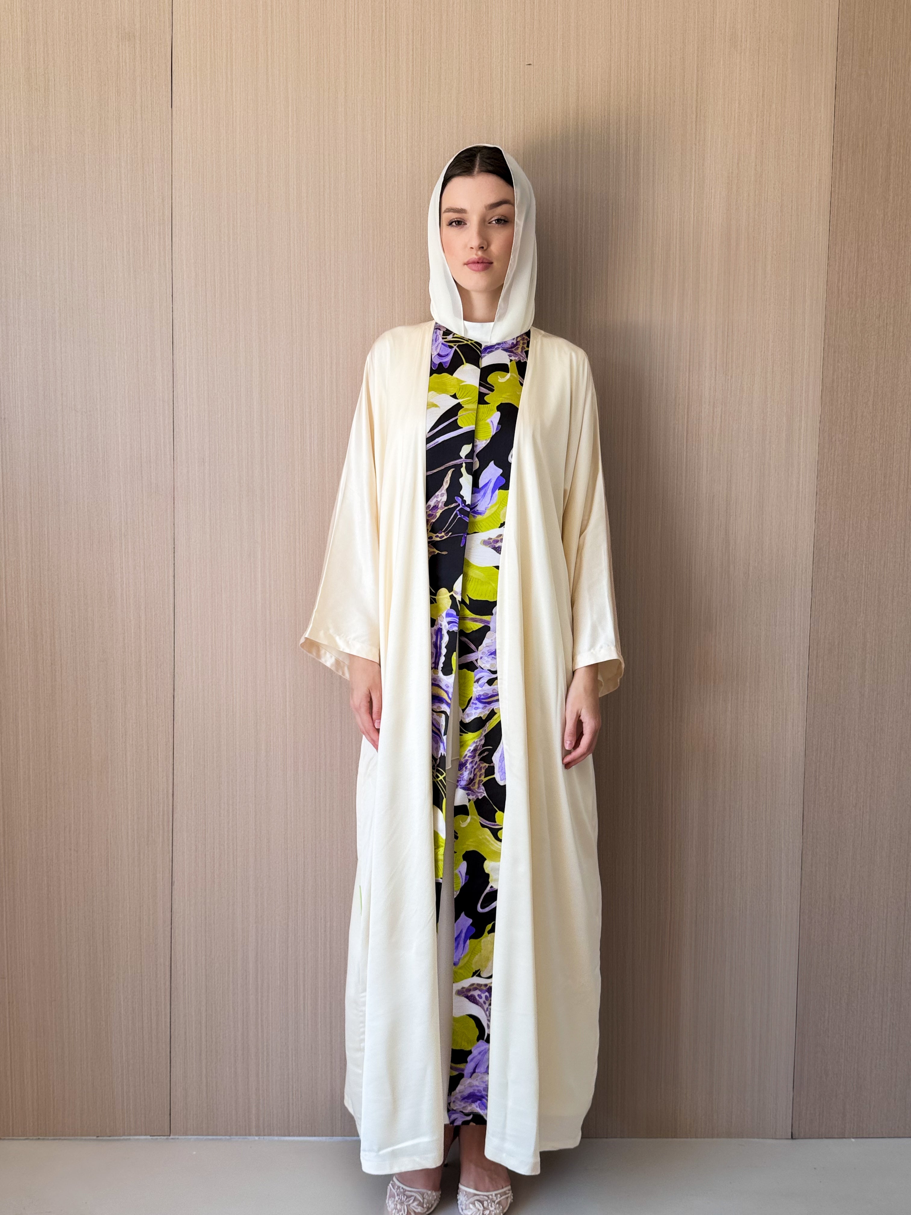 Round Neck Abaya - Purple and green Mix Colour Border - Hessa Falasi