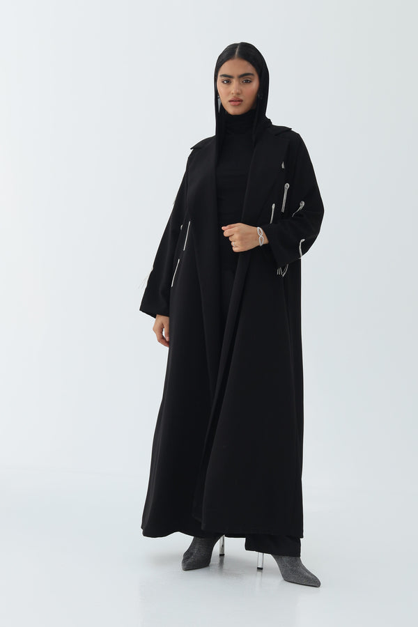 Black Notched Collar Abaya with Hanging crystals