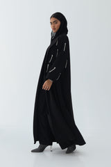 Black Notched Collar Abaya with Hanging crystals