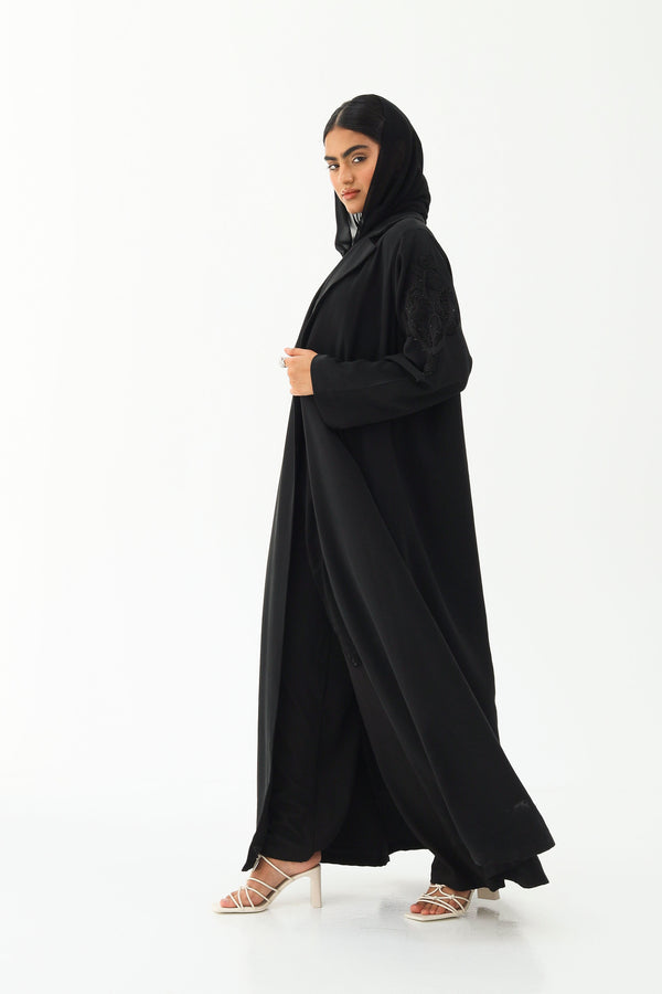 Black Notched collar Abaya with crystal work