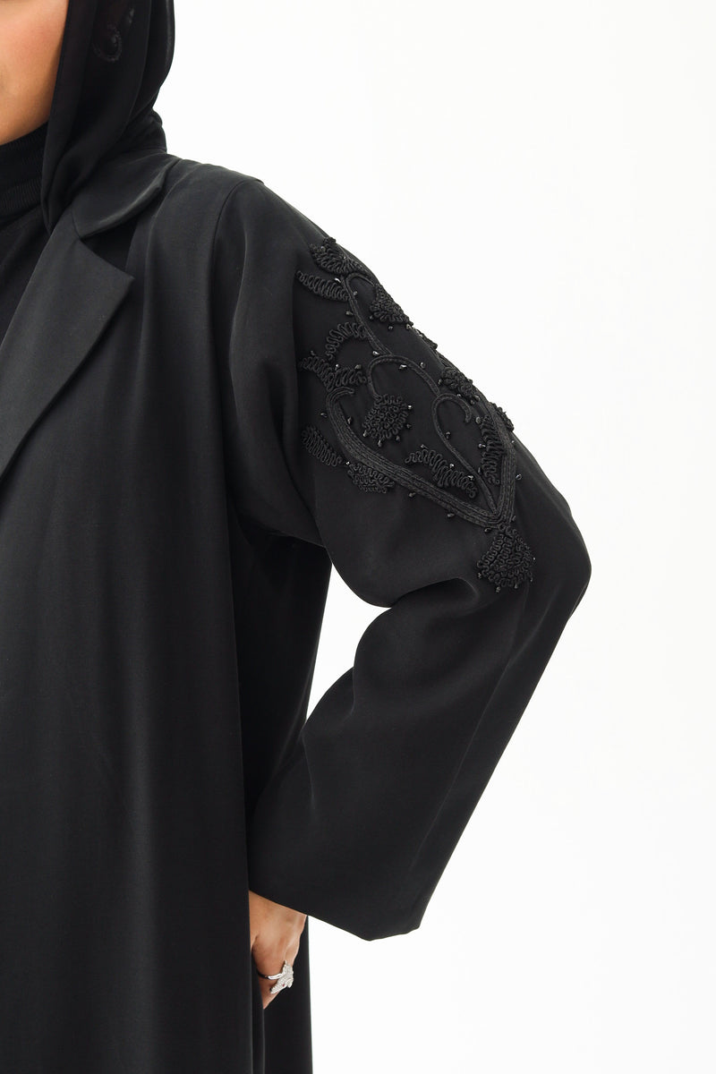 Black Notched collar Abaya with crystal work
