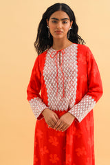 Red round neck Kaftan with bead lace work