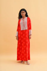 Red round neck Kaftan with bead lace work