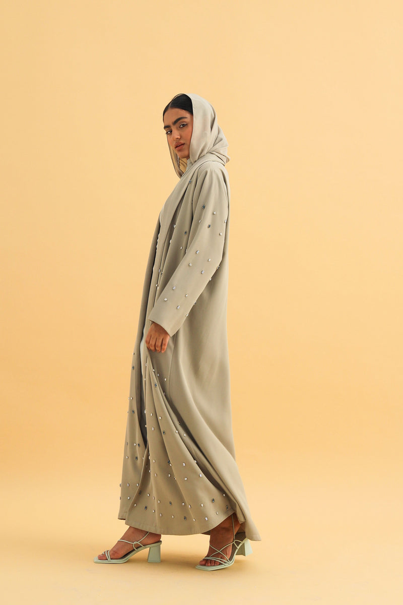 Olive Green Abaya with mixed crystal work