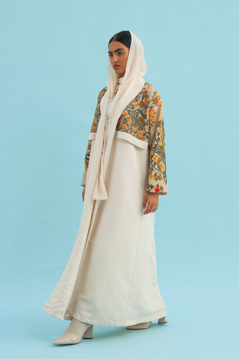 Beige jacket sleeves abaya with embroidery details