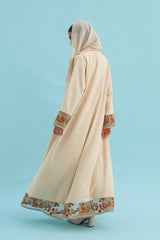 Beige Notched color abaya with color lace details