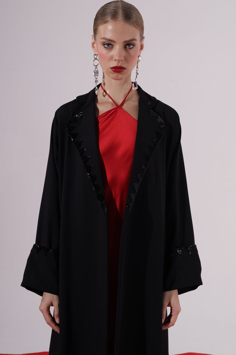 Black Notched Collar Abaya with beads  details
