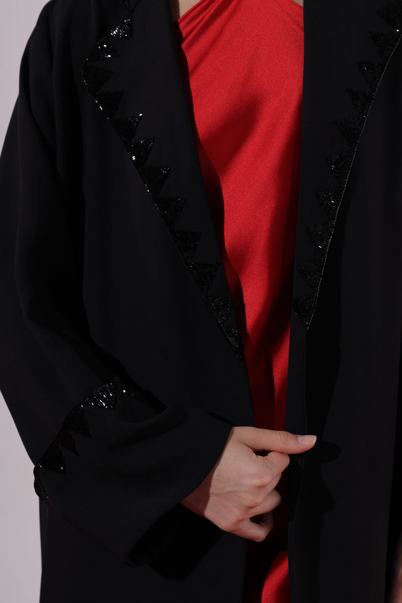 Black Notched Collar Abaya with beads  details