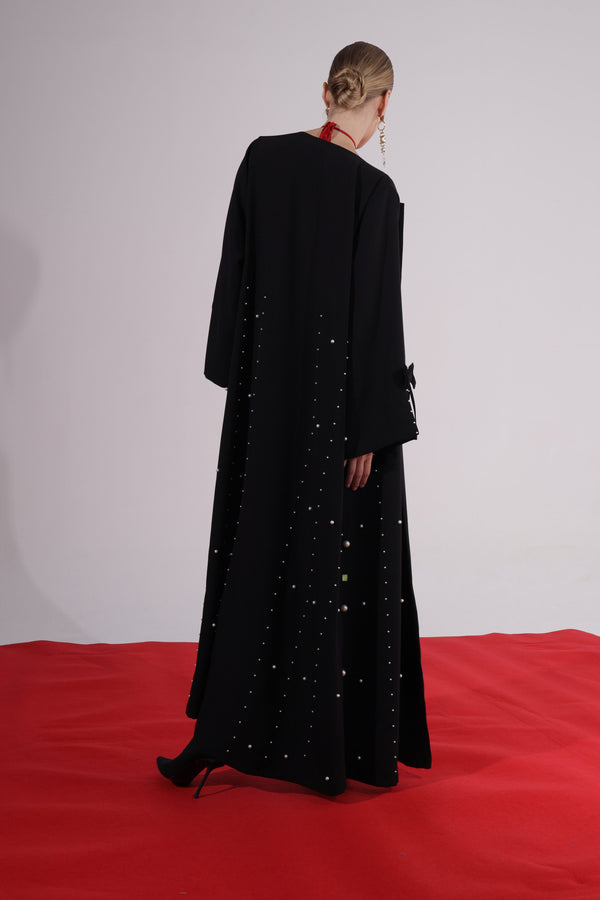 Black Round neck Abaya with Pearl embroidery