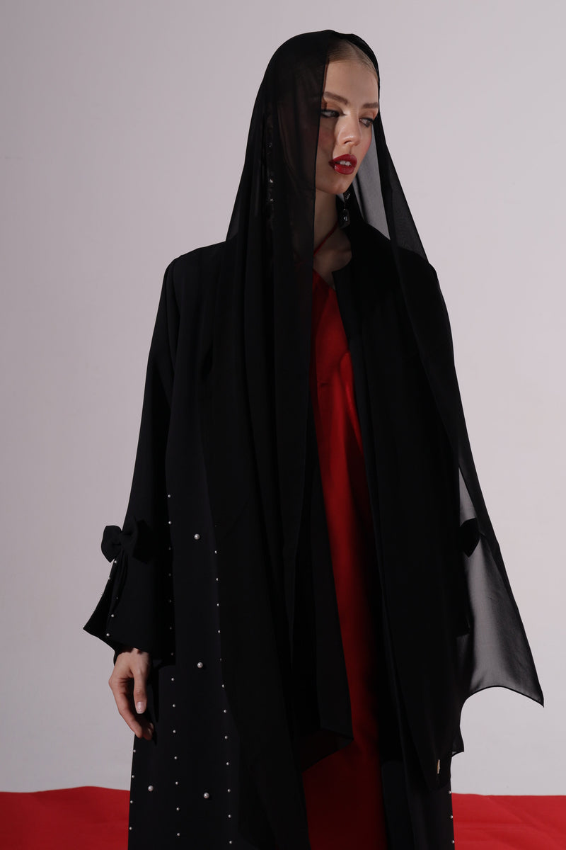 Black Round neck Abaya with Pearl embroidery