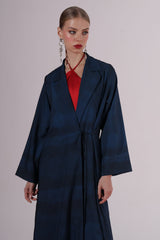 Dark blue printed Notched Collar Abaya