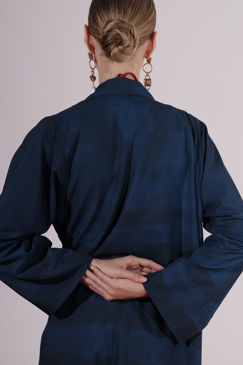 Dark blue printed Notched Collar Abaya