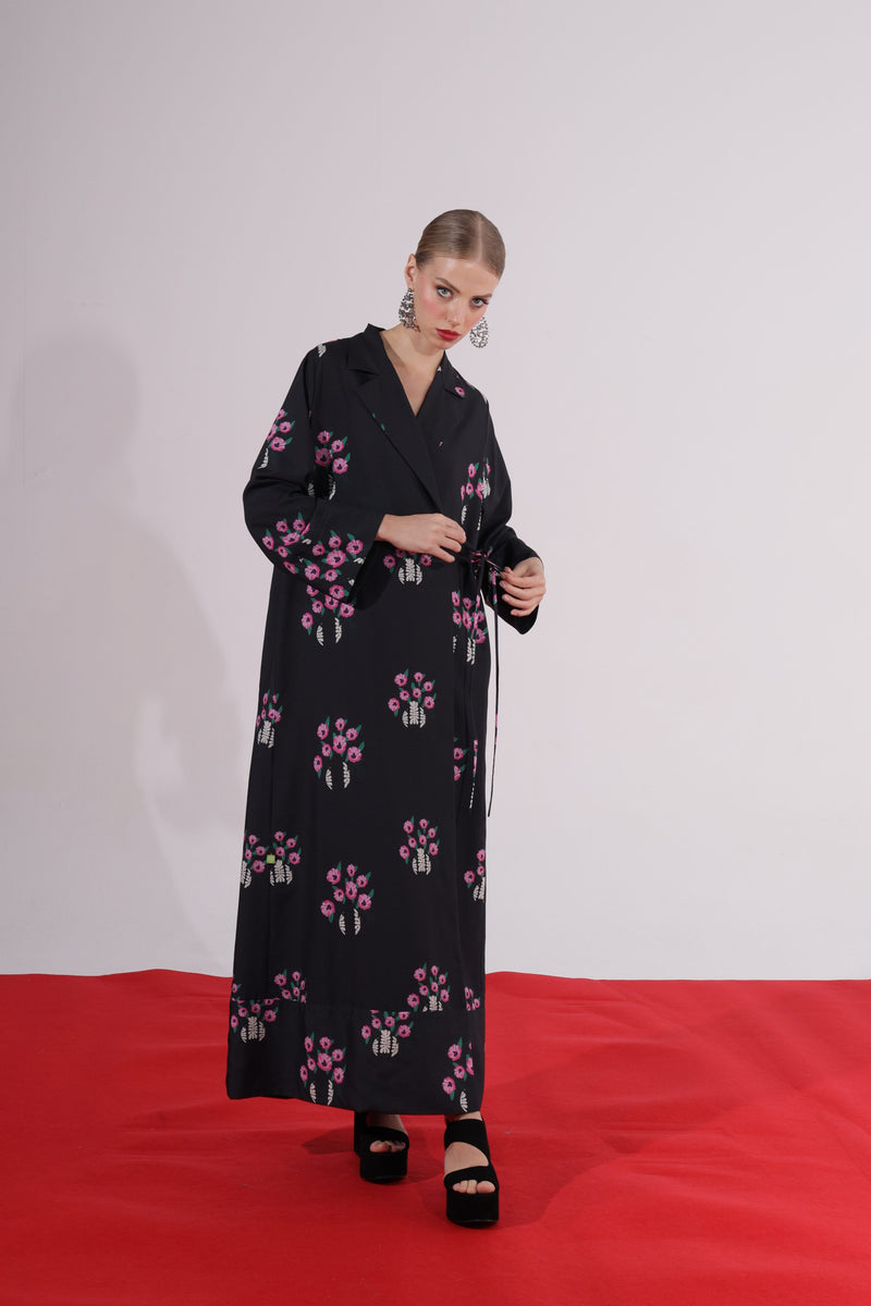 Floral printed Notched Collar Abaya