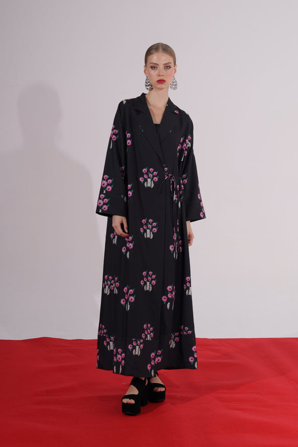 Floral printed Notched Collar Abaya