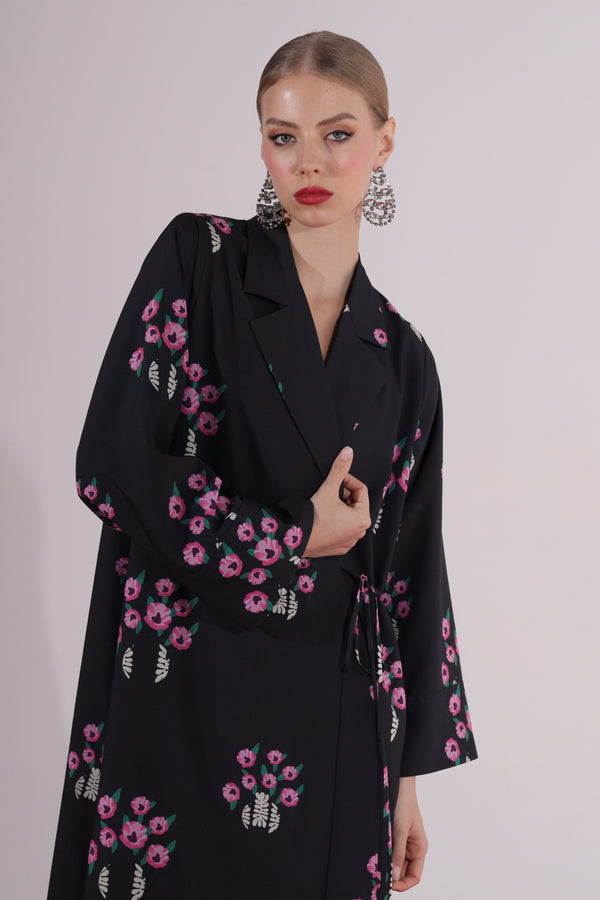 Floral printed Notched Collar Abaya