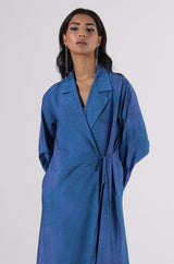 Blue printed Notched Collar Abaya