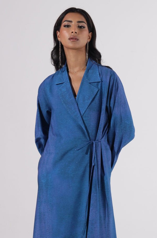 Blue printed Notched Collar Abaya
