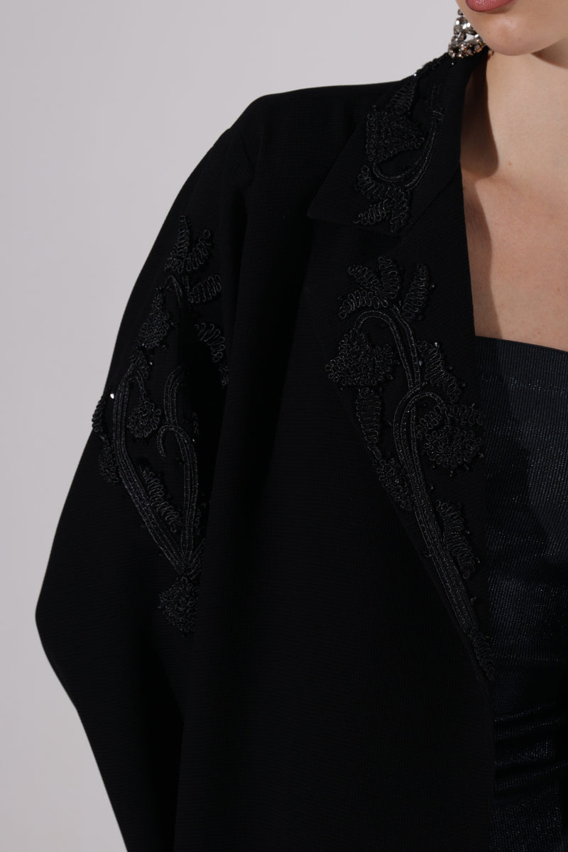 BLACK EMB ON COLLAR AND SLEEVES