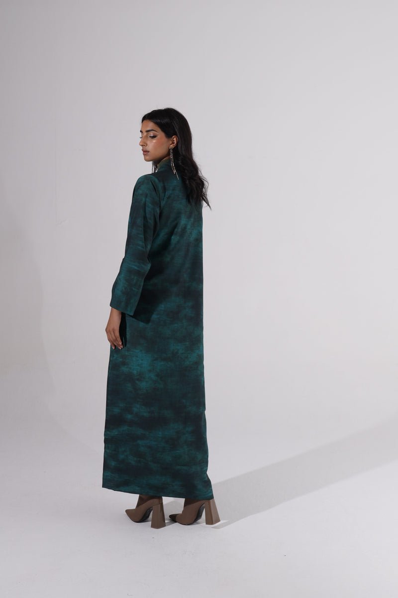 Mix Green printed Notched Collar Abaya