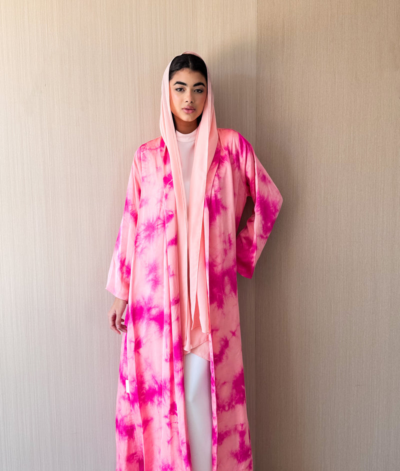 Zainah Cut Abaya - Pink With Peach Mixed Colour Print