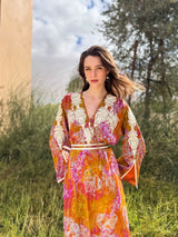 V Neck Kaftan With Silver Moroccan Lace