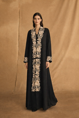 V Neck Abaya - Light Brown Flower Lace on Front and Sleeves