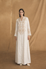 V Neck Abaya - Tie Rope on Front - Off White Bead Flower Lace