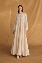 V Neck Abaya - Off white Bead Flower Lace on Half Front and Full Sleeves