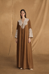 V Neck Abaya - Tie Rope on Front - Off White Crochet lace