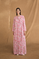 Round Neck Abaya - Pink Tulips with Green - Silk Chiffon