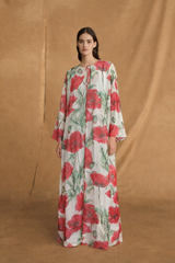 Round Neck Abaya - Off White with Red Rose Flower