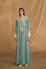 V Neck Abaya - Tie Rope on Front - Off White Bead Flower Lace