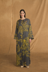 Round Neck Abaya - Yellow Floral outline with Dark Glitter Grey
