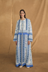 Round Neck Abaya - Off White with Navy Blue Flower Print - Silk