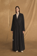 Notched Collar abaya with Eyelet tie rope with pleat in Black