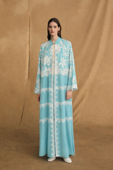 Chinese Collar Abaya - White Bead Sequin Flower Lace