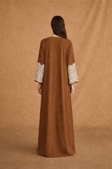 V Neck Abaya - Tie Rope on Front - Off White Crochet lace