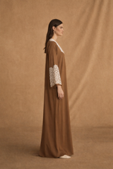V Neck Abaya - Tie Rope on Front - Off White Crochet lace