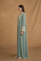 V Neck Abaya - Tie Rope on Front - Off White Bead Flower Lace