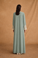 V Neck Abaya - Tie Rope on Front - Off White Bead Flower Lace