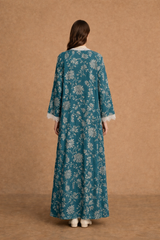 V Neck Abaya - Off White Curvy Toor Lace on Front and Sleeves
