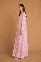Round Neck Abaya - Pink Tulips with Green - Silk Chiffon