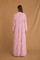 Round Neck Abaya - Pink Tulips with Green - Silk Chiffon