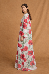 Round Neck Abaya - Off White with Red Rose Flower