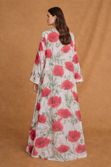 Round Neck Abaya - Off White with Red Rose Flower