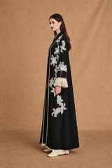 V Neck Abaya - White Sequin Bead Flower Patch on Front