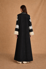 V Neck Abaya - White Sequin Bead Flower Patch on Front