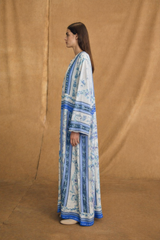 Round Neck Abaya - Off White with Navy Blue Flower Print - Silk