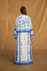 Round Neck Abaya - Off White with Navy Blue Flower Print - Silk