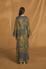 Round Neck Abaya - Yellow Floral outline with Dark Glitter Grey